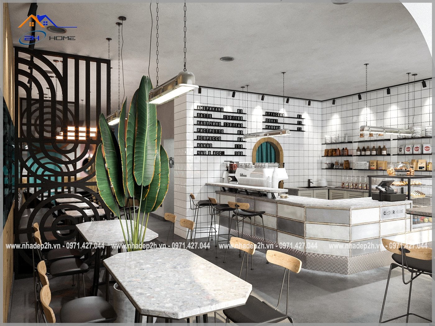 Thiết-kế-thi-công-nội-thất-quán-cafe-102m²-quầy-bar