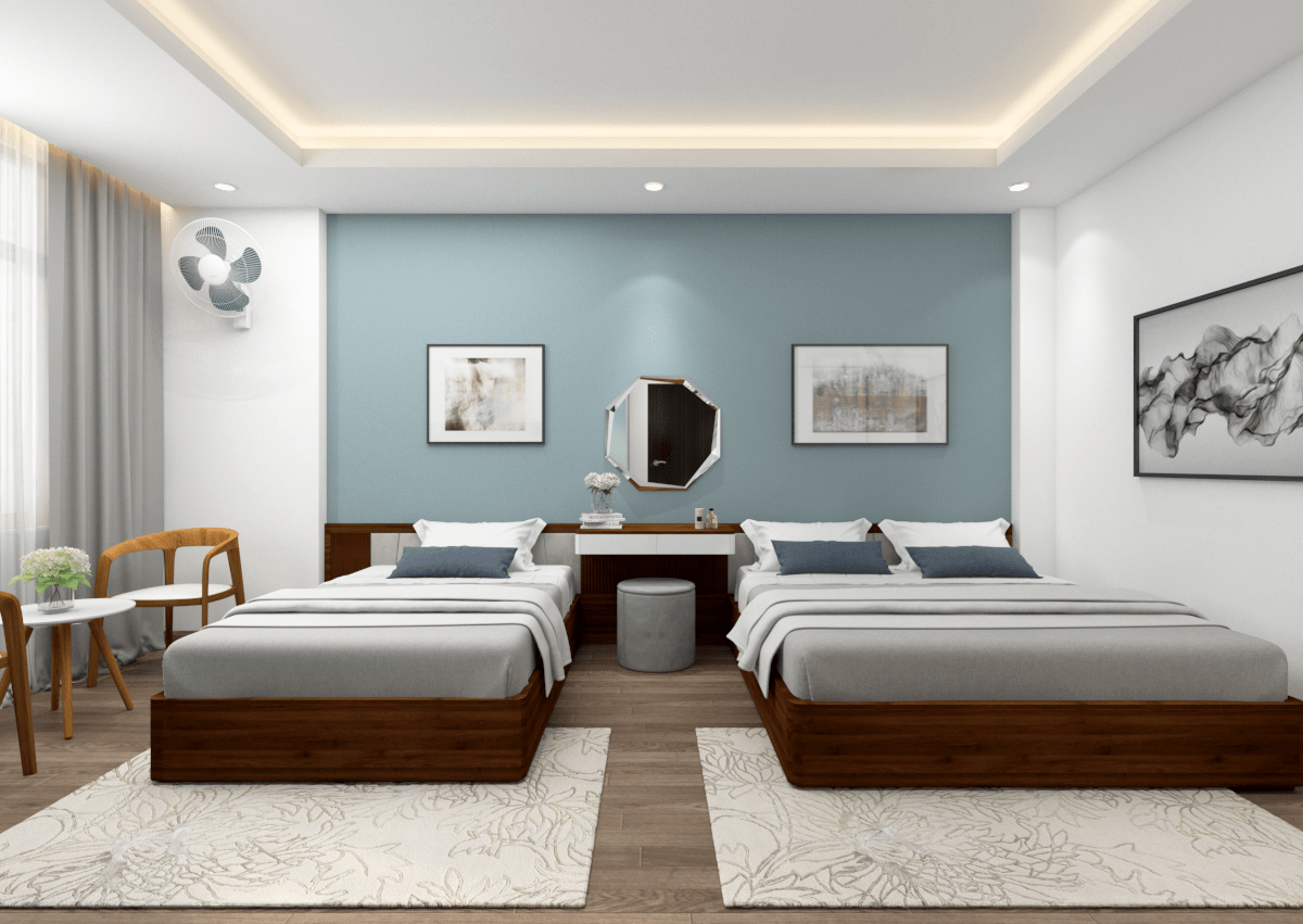 Thiết kế nội thất giường đôi với màu sắc trang trí tao nhã tạo cảm giác thoải mái và dễ chịu