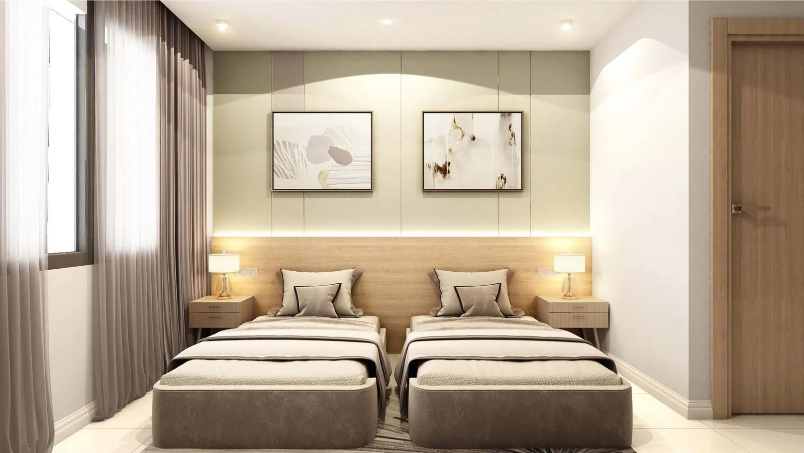 Thiết kế phòng ngủ nhỏ gọn, tiện ích với 2 giường đơn